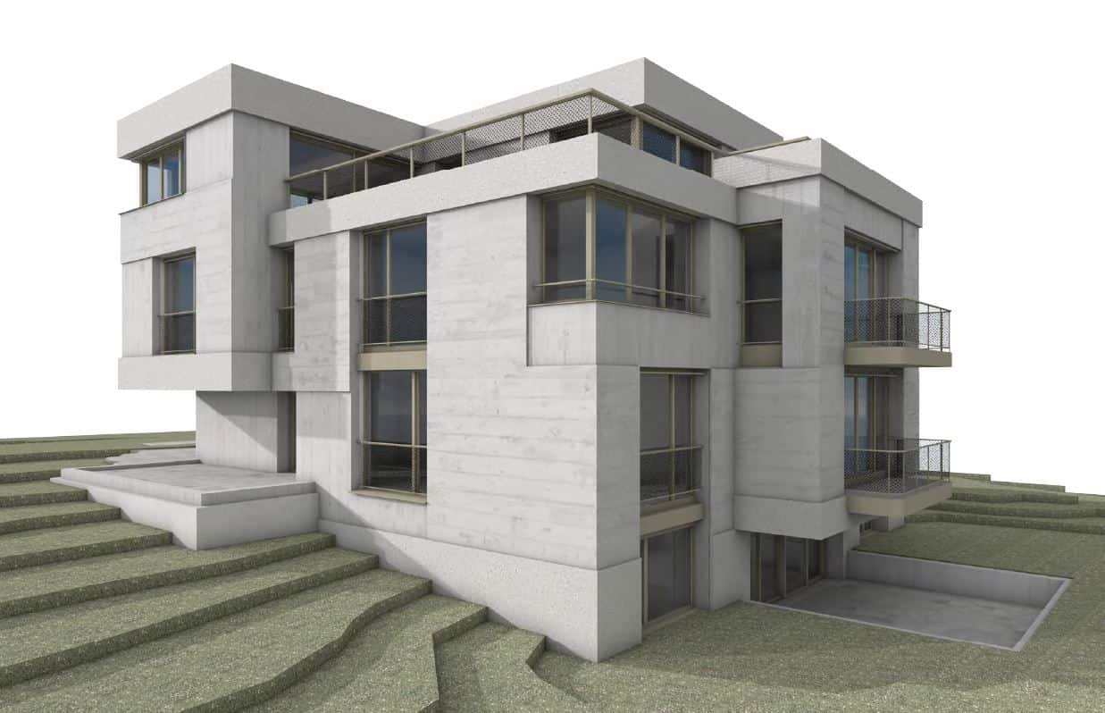 Modern multi-story white concrete residential building with large glass windows, balconies with glass railings, situated on a sloped grassy landscape with stairs.