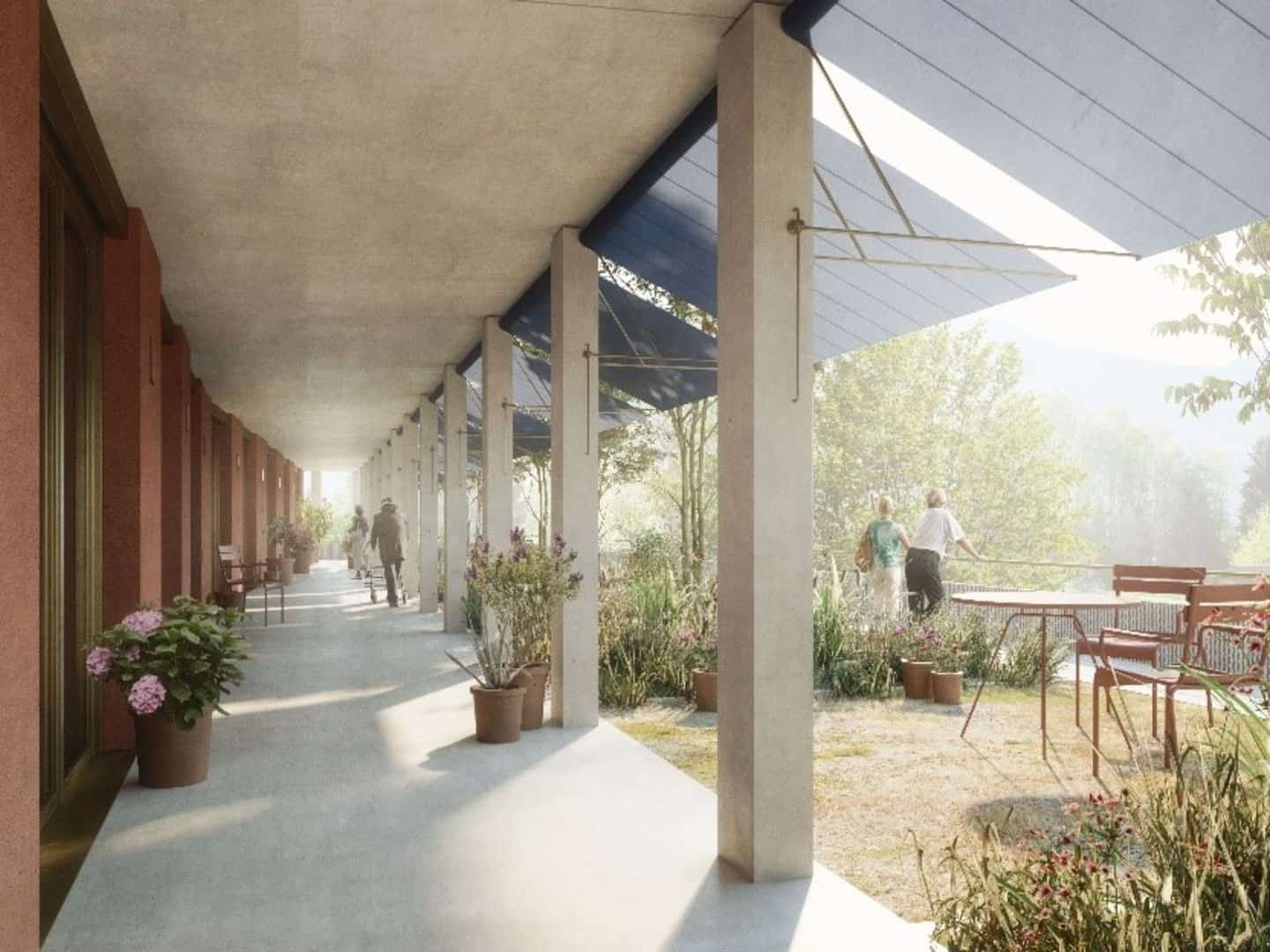 Sunlit outdoor patio with potted plants, seating, and a shaded awning overlooking a garden, with elderly people enjoying a leisurely walk in a peaceful, scenic environment.