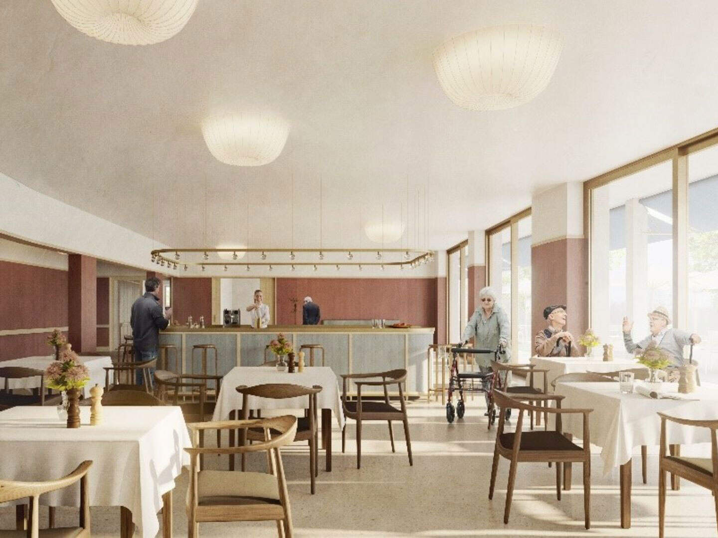 Bright and welcoming dining area with large windows, adorned with white tablecloths, fresh flowers, and wooden chairs, featuring multiple senior patrons enjoying their meals and conversations.