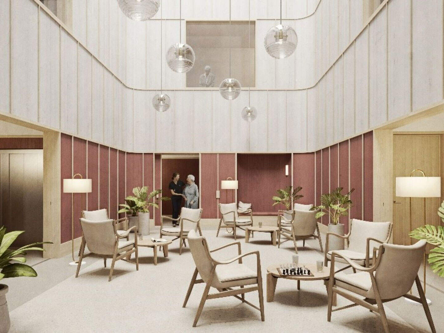 Modern lounge area with beige armchairs, tall floor lamps, potted plants, and a soft cream-colored carpet; a two-story space with pink accent walls, hanging light fixtures, and people conversing in the background.