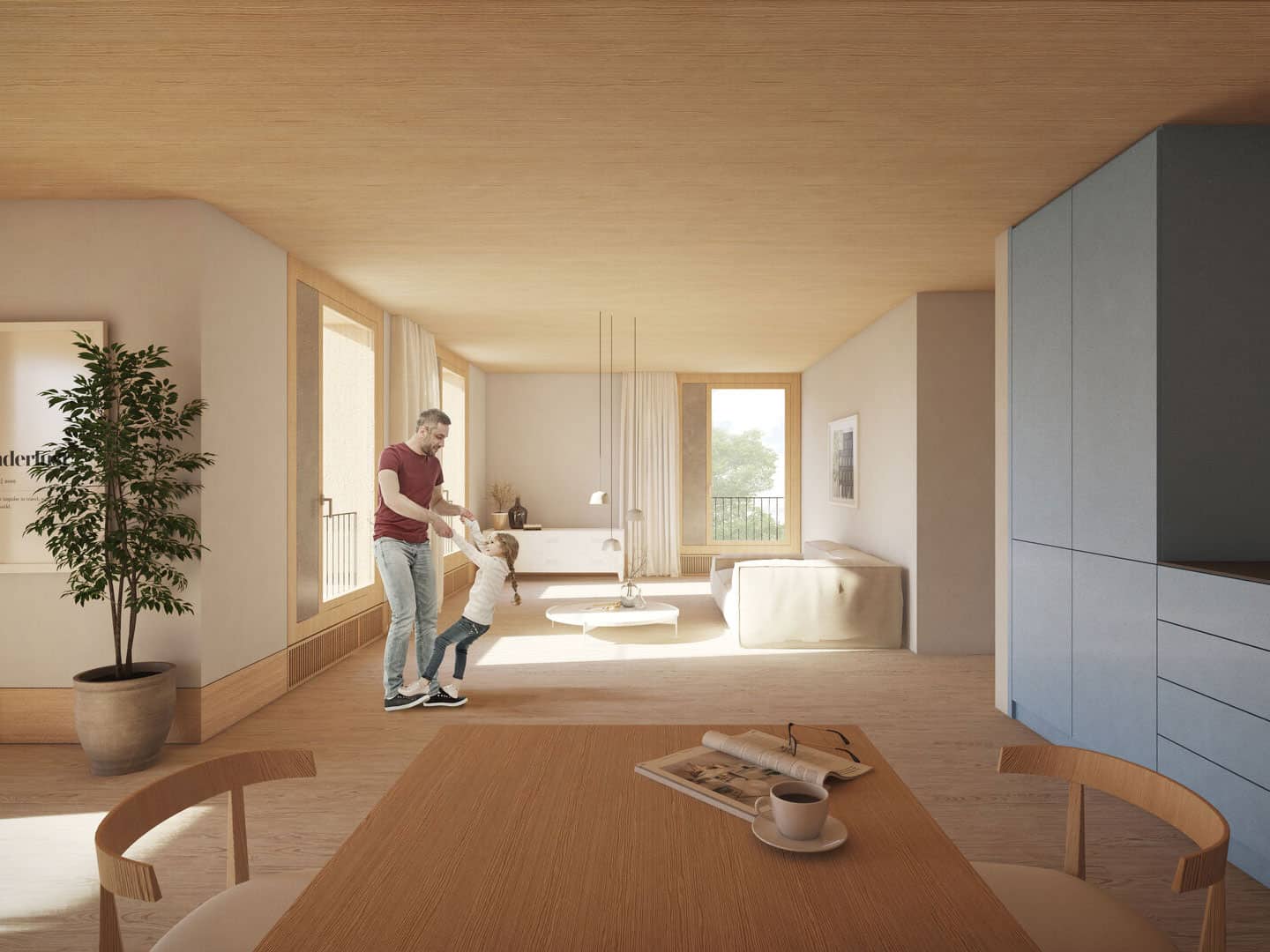 A father and daughter dancing happily in a bright, spacious living room with large windows, modern decor, and natural wood accents.
