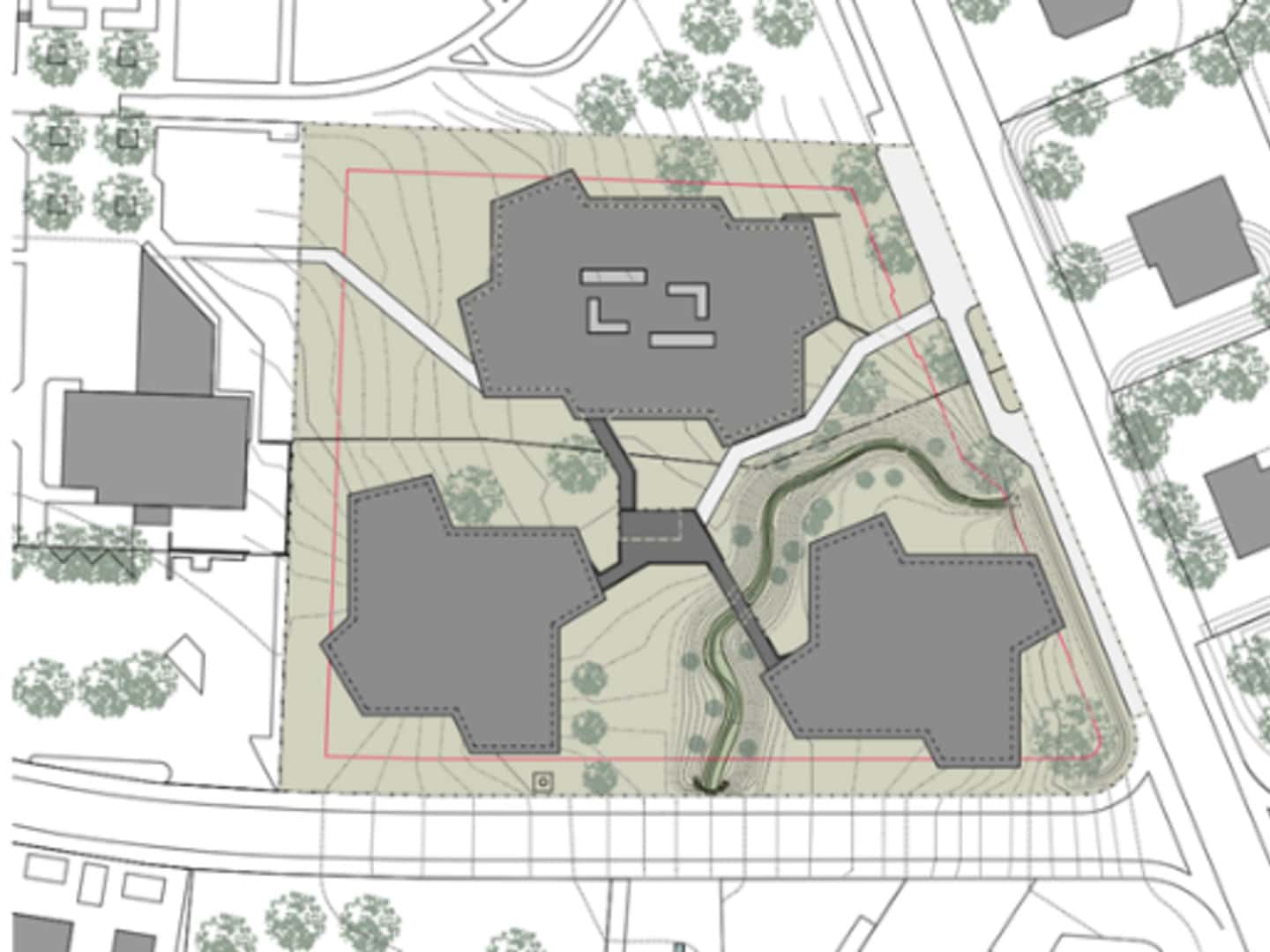 Modern architectural site plan showing three interconnected buildings, landscaped pathways, green spaces, and surrounding trees in an urban environment.