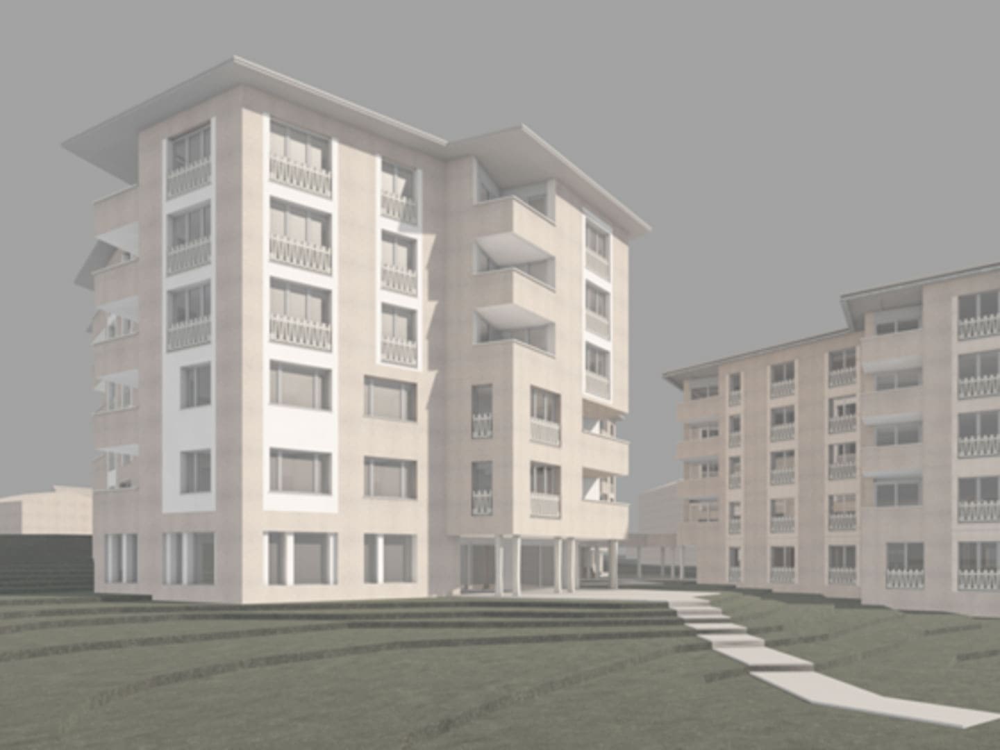 Modern multi-story residential apartment building with balconies and large windows, set on a landscaped area with steps leading to the entrance. Architectural rendering showcasing contemporary design.