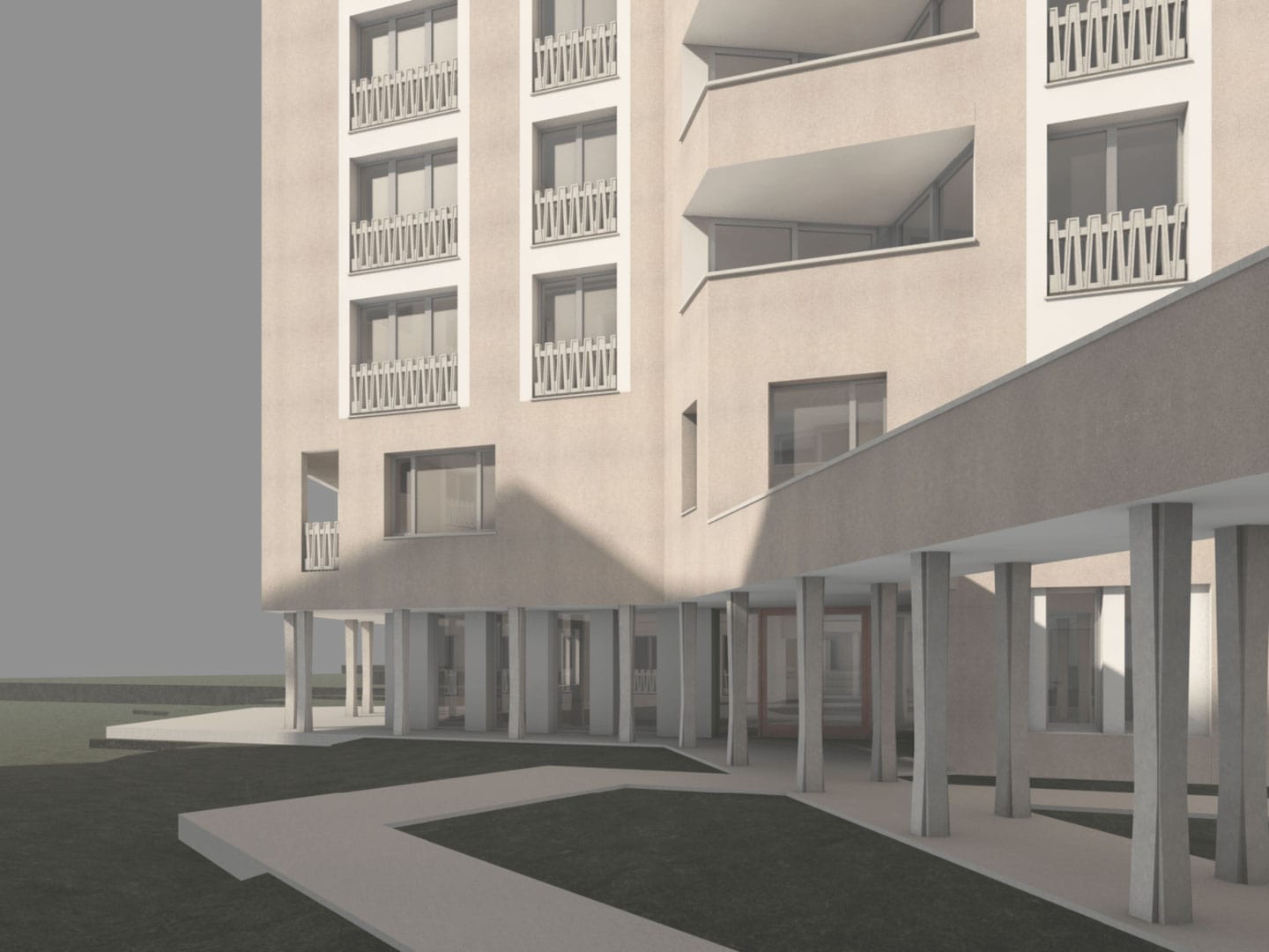 Modern multi-story residential building with balconies, supported by stilts, and a landscaped walkway in the foreground. The architecture features clean lines and neutral tones.