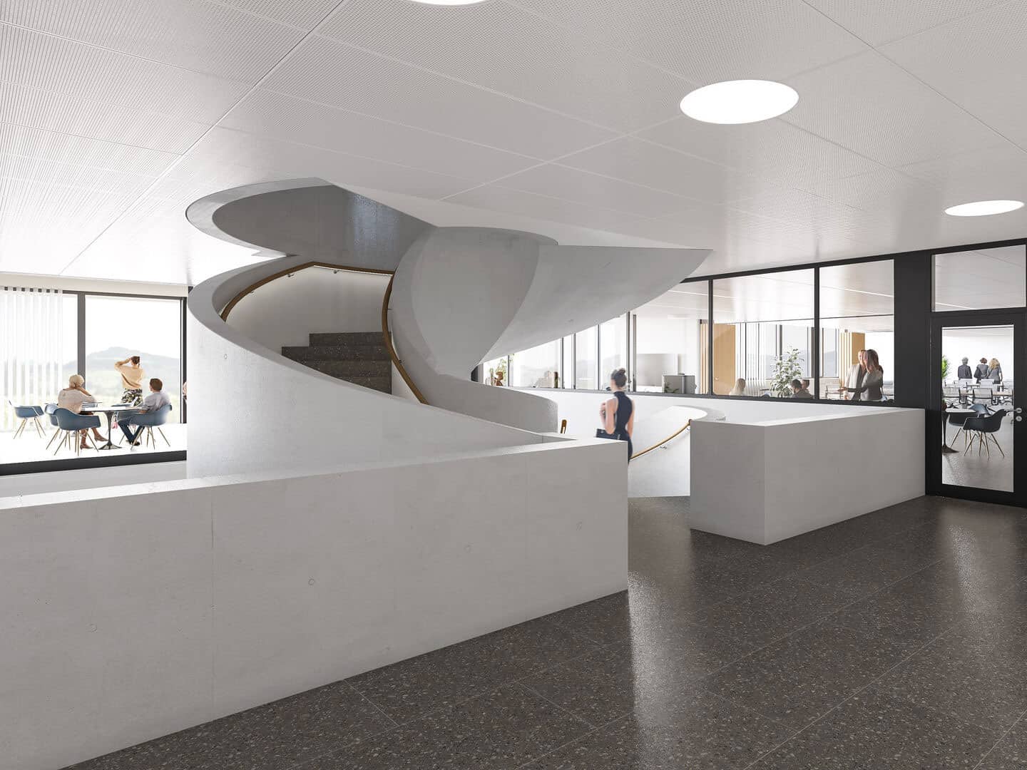 Sleek modern interior featuring a curved staircase, open seating areas with people working and socializing, large windows letting in natural light, and minimalist decor emphasizing clean lines and contemporary design.
