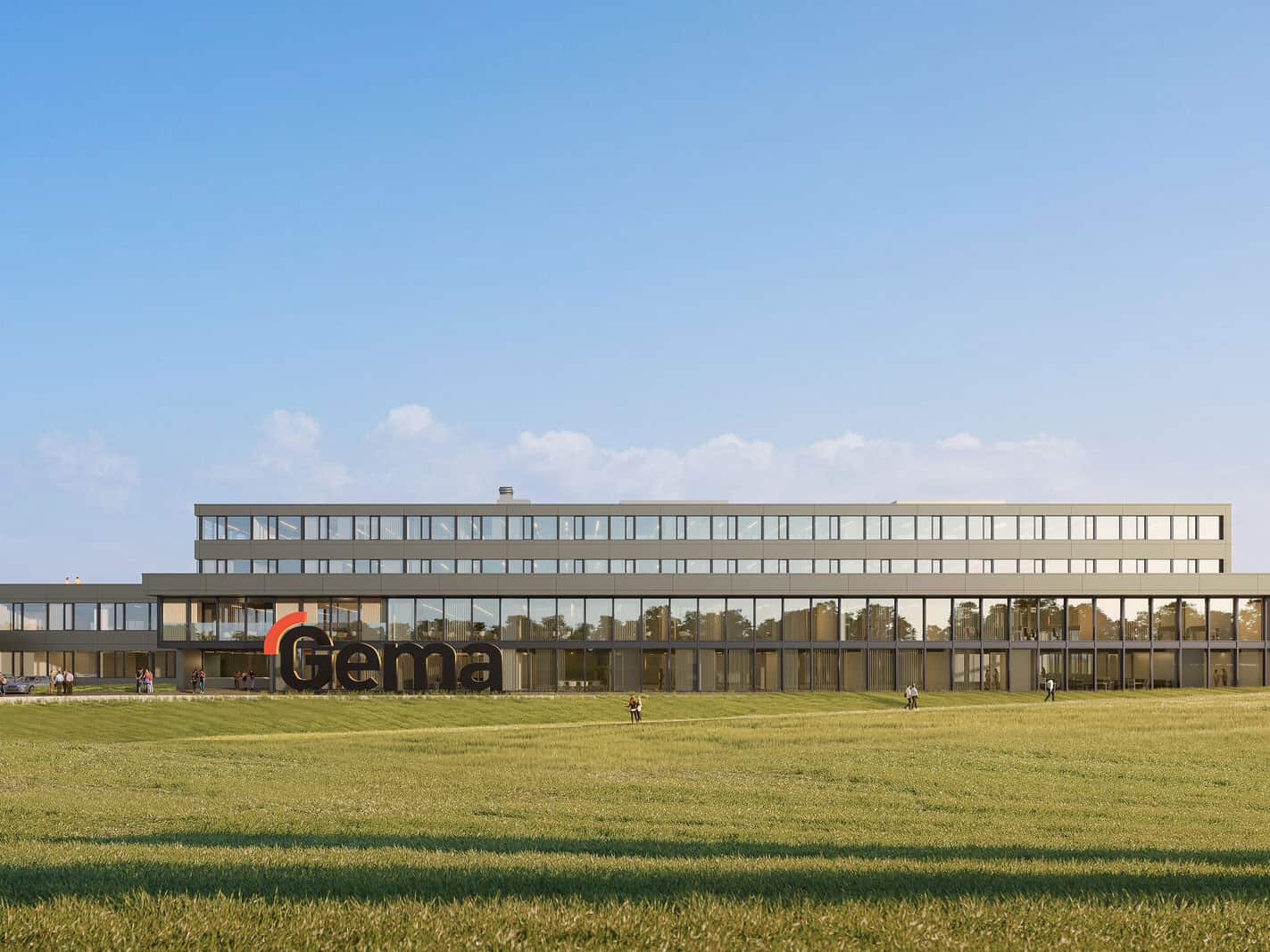 Gema corporate building with modern glass architecture, large green lawn, and people walking outside on a sunny day. The building has a sleek, contemporary design with expansive windows and the company's name displayed prominently.