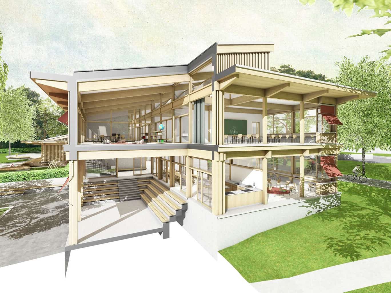 Modern multi-level house with large glass windows, spacious balconies, and wooden accents, surrounded by greenery and outdoor recreational areas.