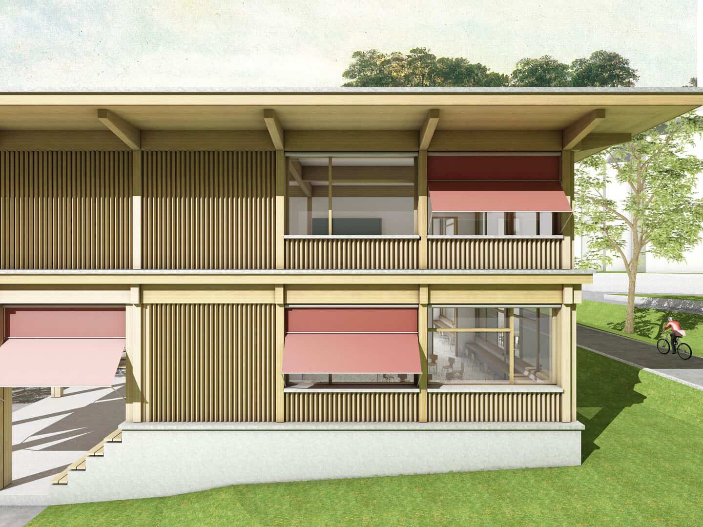 Sustainable modern house design with wooden slats, large windows, and red awnings, featuring a balcony overlooking a grassy yard with trees and a cyclist in the background.