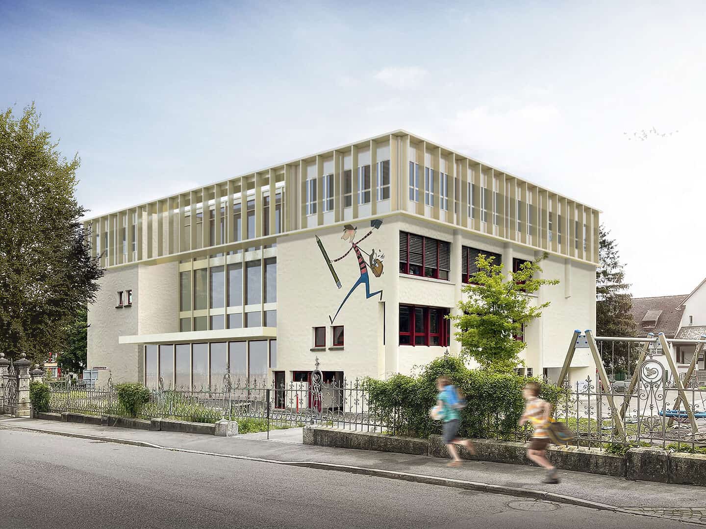 Colorful school building with large windows, playful mural of a painter, and a small playground with swings in front; trees and children walking nearby.