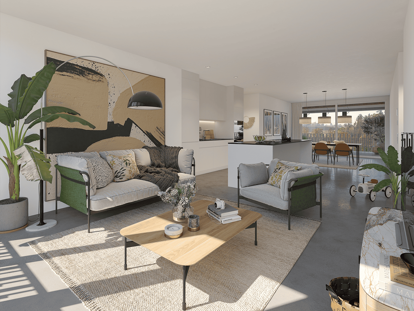 Bright and modern open-concept living room featuring stylish furniture, large artwork, abundant plant decor, and seamless transition to the dining and kitchen areas with large windows offering scenic views.