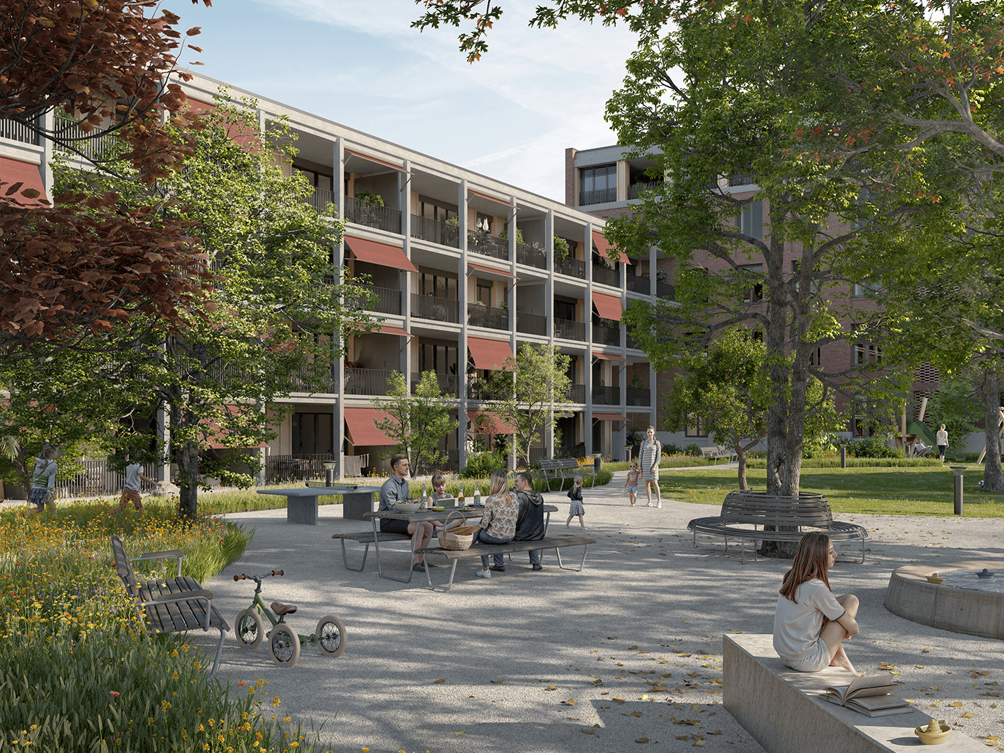 Modern residential apartment complex with outdoor communal park space, featuring trees, benches, children playing, and residents enjoying leisure activities in a sunny daytime setting.
