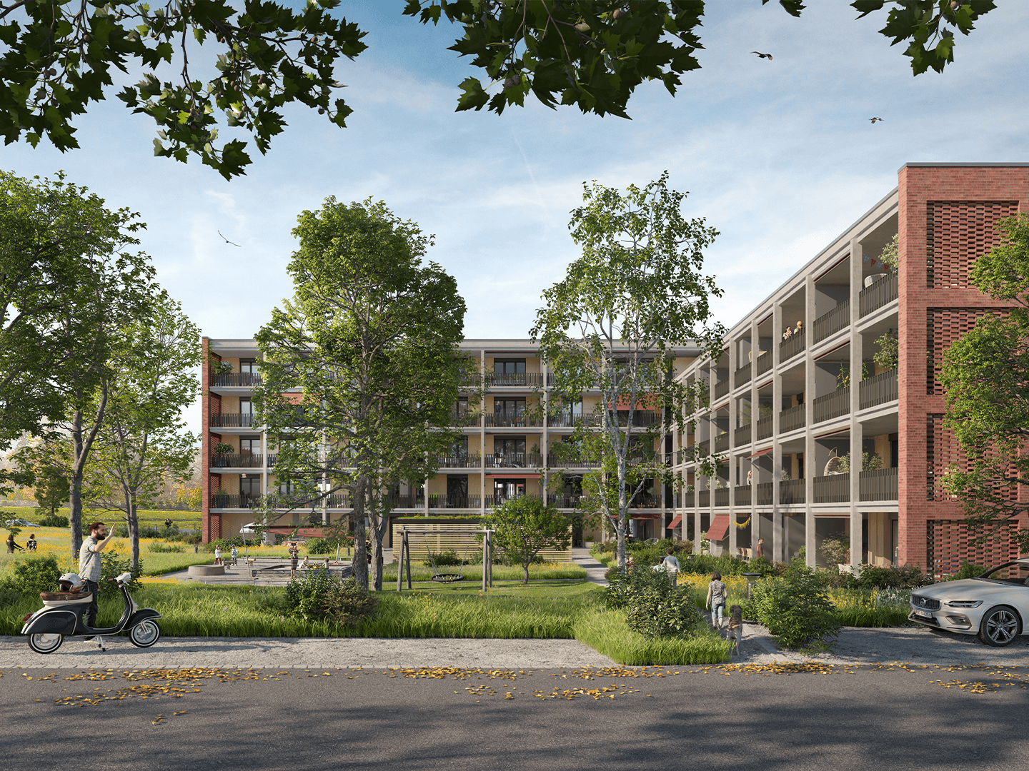 Lush green trees in front of a modern apartment complex with outdoor recreational areas, people enjoying the space, and a clear blue sky creating a welcoming community atmosphere.