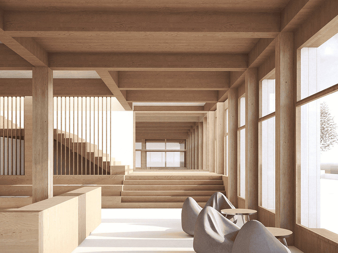 Light wood interior with modern staircase and natural light streaming through large windows, creating a warm and inviting space with minimalist design elements and clean lines.