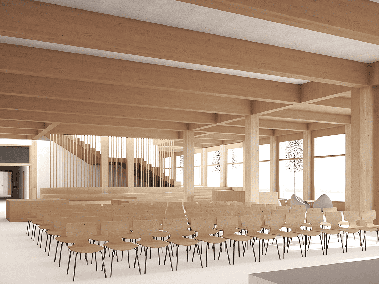 Modern wooden interior with rows of chairs, large windows, and minimalistic design for a conference or meeting room.