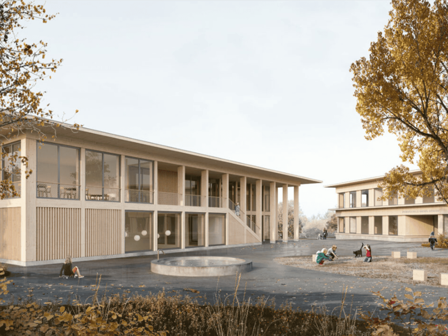 Modern wooden community buildings with large glass windows, surrounded by autumn-colored trees and people engaging in outdoor activities. A peaceful, welcoming environment for social interactions or relaxation.