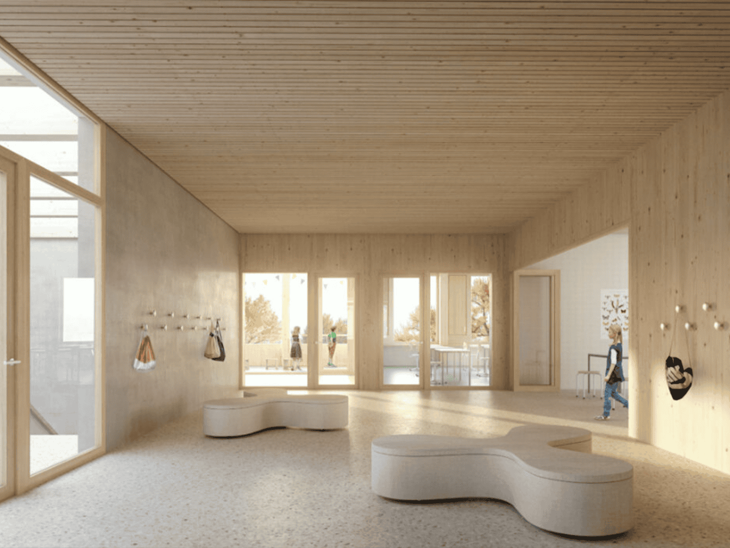 Aesthetic interior of a modern building with natural wooden walls, ceiling, and uniquely shaped seating, illuminated by natural light from large windows showing outdoor scenery.