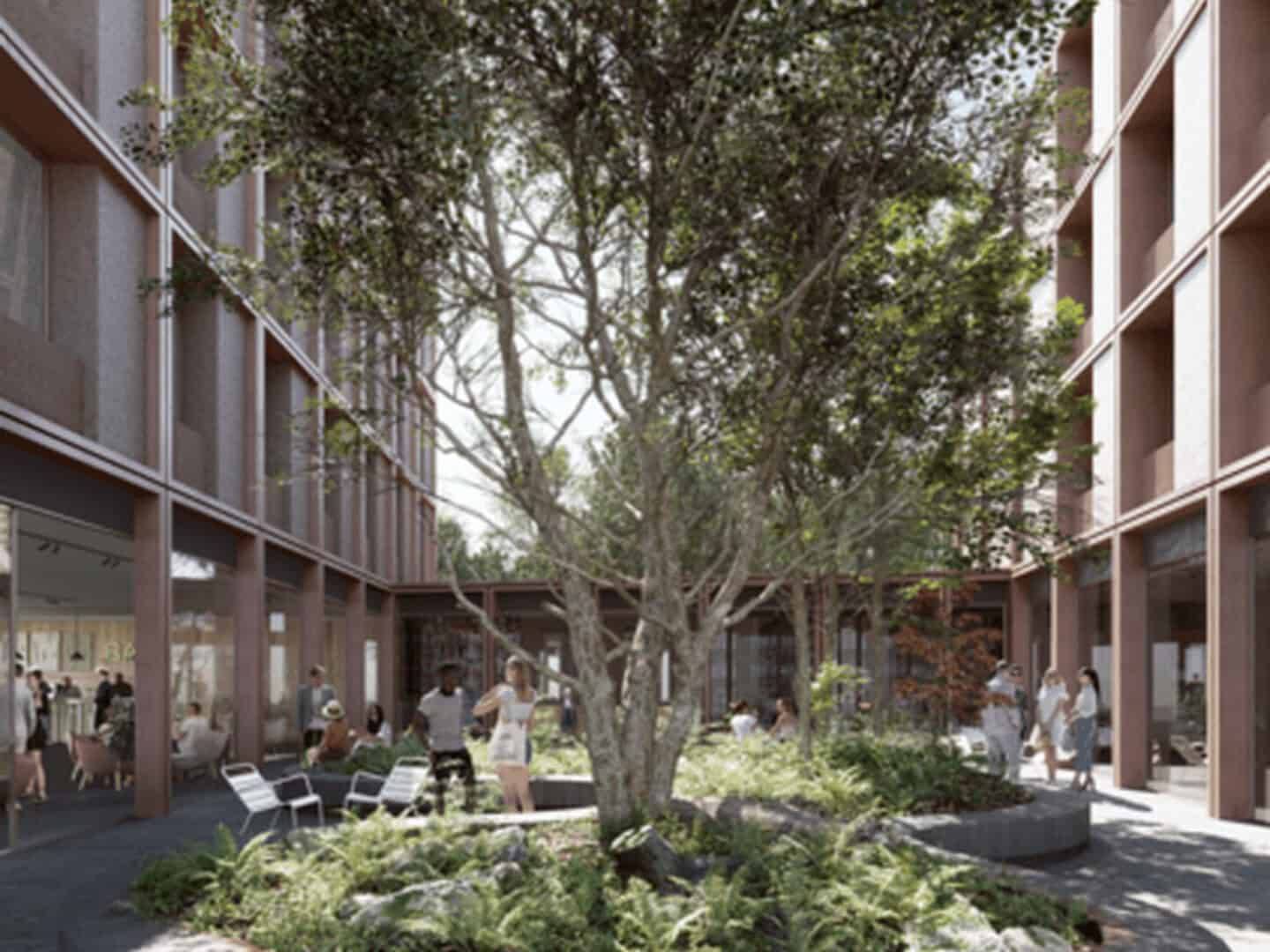 Lush courtyard with a central tree, surrounded by modern multi-story buildings with glass and wood facades, bustling with people enjoying outdoor seating and socializing.