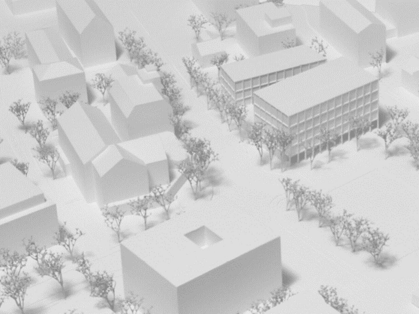 Modern multi-story office building with a plaza, surrounded by trees and neighboring structures in a monochrome architectural model.