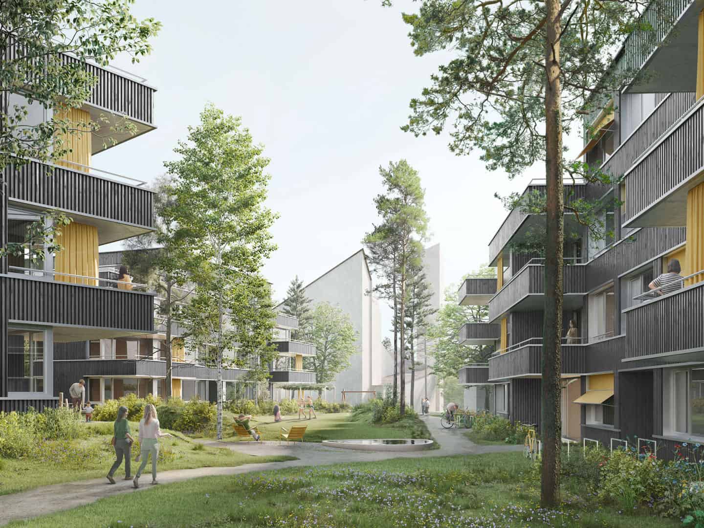 Modern apartment complex with green courtyard, trees, walking paths, children playing, and residents relaxing on balconies, set in a lush, urban environment with contemporary architecture.