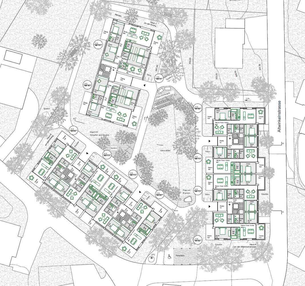 Modern residential building complex site plan showcasing multiple multi-unit buildings, surrounding greenery, pathways, and outdoor amenities. Architectural details include floor layouts, trees, and landscaping features.