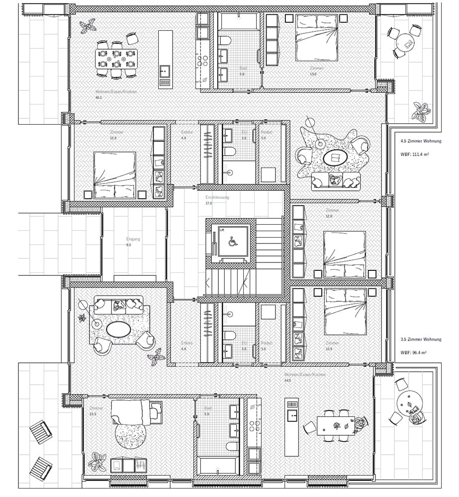 4. Stylish residential floor plan layout featuring multiple bedrooms, bathrooms, living areas, a kitchen, and outdoor balconies, optimized for contemporary urban living.
