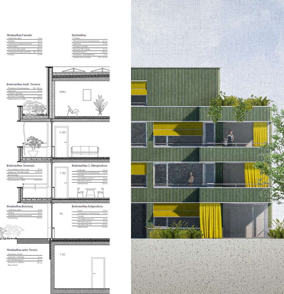 Modern multi-story residential building with green exterior cladding, spacious balconies with yellow curtains, and surrounding greenery. Architectural plans are visible on the left side of the image.