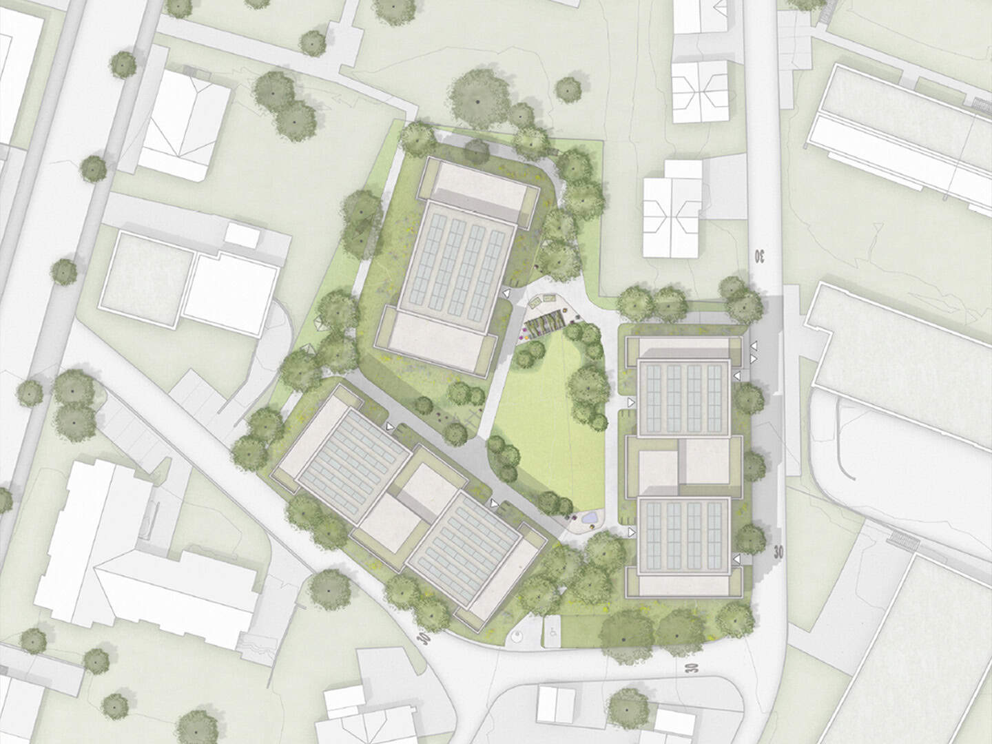 Modern architectural complex with multiple buildings featuring solar panel roofs, surrounded by green spaces, pathways, and trees, depicted in a detailed site plan illustration.